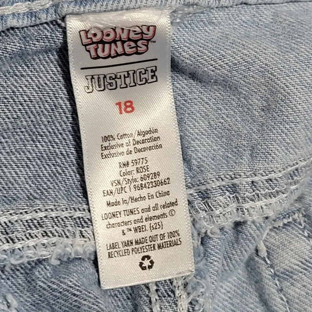 Looney Tunes Justice size 18 denim coverall jumper bugs bunny colorblock tweety